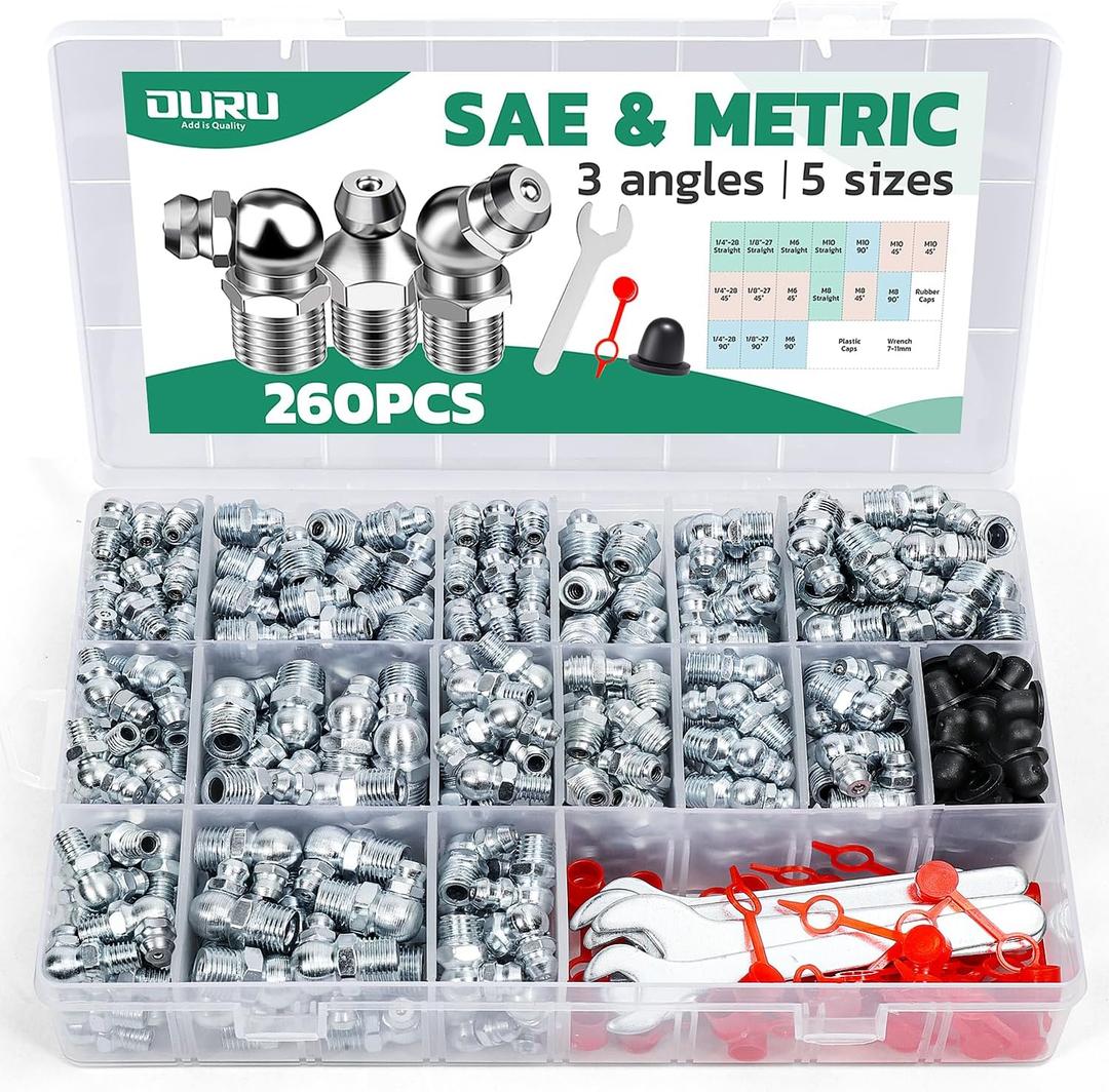 OURU 260PCS Grease Fittings Kit, SAE & Metric Zerk Grease Fittings Straight 45 90 Degree with Grease Fitting Caps & Wrench Kit(7-11mm) for Grease Gun