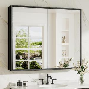 TokeShimi 40 x 32 Black Recessed Medicine Cabinet with Mirror, Assembly Required, Bathroom Mirror Cabinet, Steplessly Adjustable Shelves, Beveled Aluminum Frame, Tempered Glass