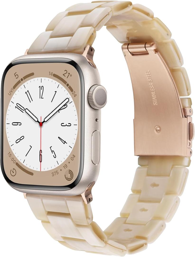 Resin Watch Band Compatible with Apple Watch Band for Women 42mm 44mm 45mm Tortoise Metal Buckle Wristband Bracelet Strap for iWatch Series 10 9 8 7 6 5 4 3 2 1 SE(Beige)