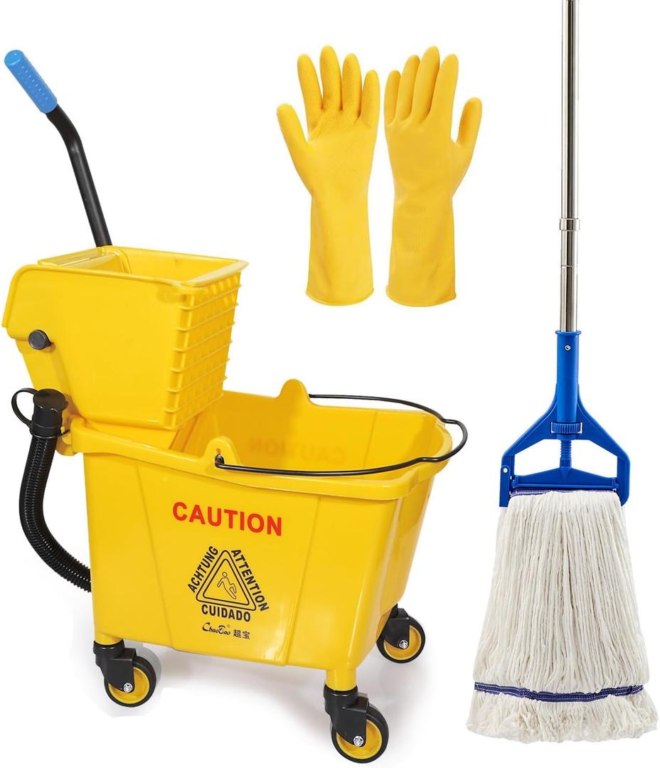 35 Qt. Side-Press Mop Bucket and Wringer Combo on Wheels Yellow for Professional/Industrial/Business Heavy-Duty Floor Cleaning/Mopping,Including Industrial Mop and Rubber Gloves