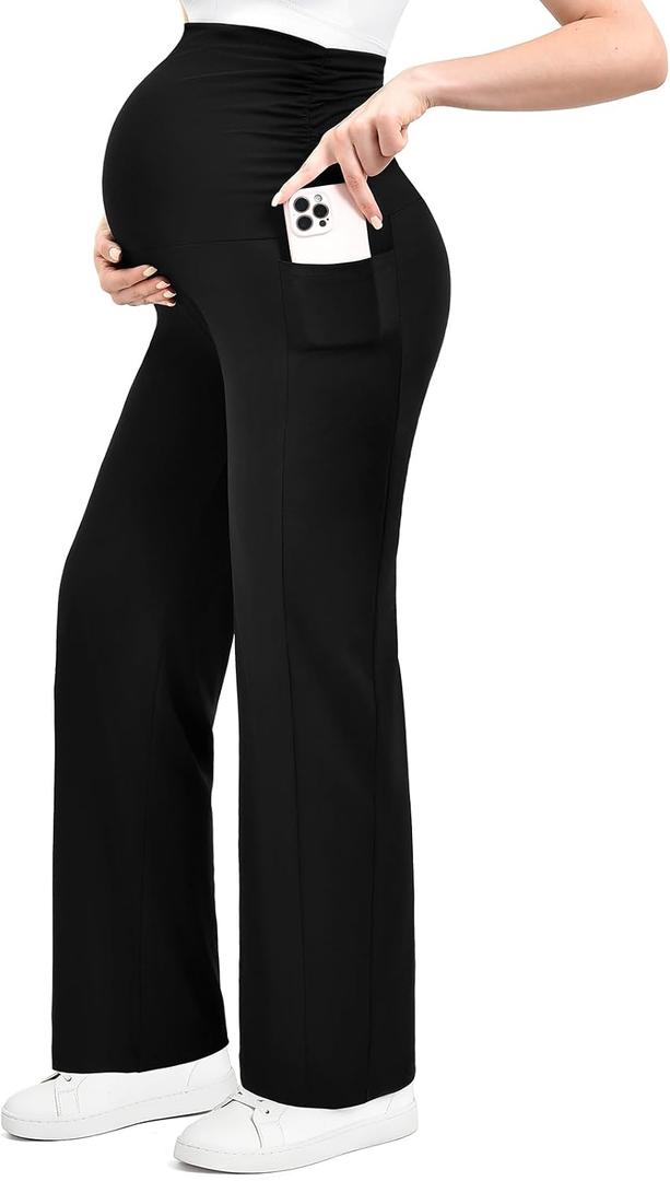 Ipletix Maternity Wide-Leg Lounge Pants with Pockets Over The Belly Soft Stretchy Pregnancy Wear, Large