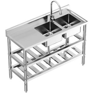 47"x18"x32" Stainless Steel Utility Sink, Freestanding Double Bowl with Pull-Out Faucet & Hot/Cold Water Pipe, NSF Certified Commercial Kitchen Sink for Restaurant, Laundry Room, Bathroom