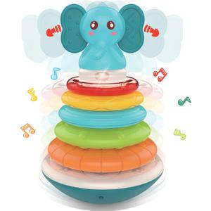 PlenPLAY Baby Tummy Time Toys - Musical Stacking Rings for Toddlers 1-3, Sensory Learning Toys with Elephant Themed Stackable Rings