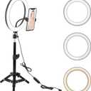 10" LED Selfie Ring Light with Tripod Stand & Cell Phone Holder for Tiktok/Live Stream/Makeup, BONFOTO Dimmable Desktop Camera Ringlight for YouTube Video/Photography Compatible with iPhone/Android
