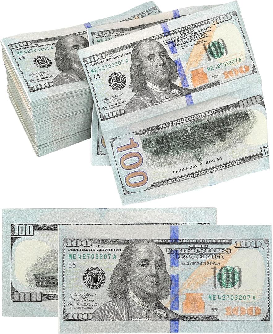 Iconikal 48-Count Disposable Dinner Paper Party Napkins, $100 Dollar Bill Money