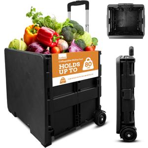 Inspired Living Collapsible Ultra-Slim Pack-N-Roll,2 Wheel Utility Cart w/Lid used as Seat up to 250 Lbs, Telescopic Handle - Super Strong, for Home, Garden, Shopping, Office, School use, Large, Black