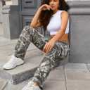 Unisex Camo Cargo Pants, Multi Pockets Raw Edge Oversized Straight Zipper Wide Legs Streetwear for Hip Hop Men Women (XL)