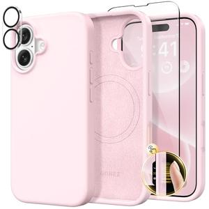 GONEZ Magnetic for iPhone 16 Case, Compatible with MagSafe, [Screen Protector + Camera Lens Protector], Liquid Silicone Shockproof Protective Phone Case for iPhone 16 6.1", Chalk Pink