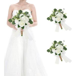 HOMENERGY Set of 2 Bridesmaid Bouquets for Wedding - Silk Artificial Ivory Bridesmaid Flowers, Pre-Made Roses Sage Green Boho Bridal Floral for Bride Party Ceremony Anniversary Decoration - 9inch
