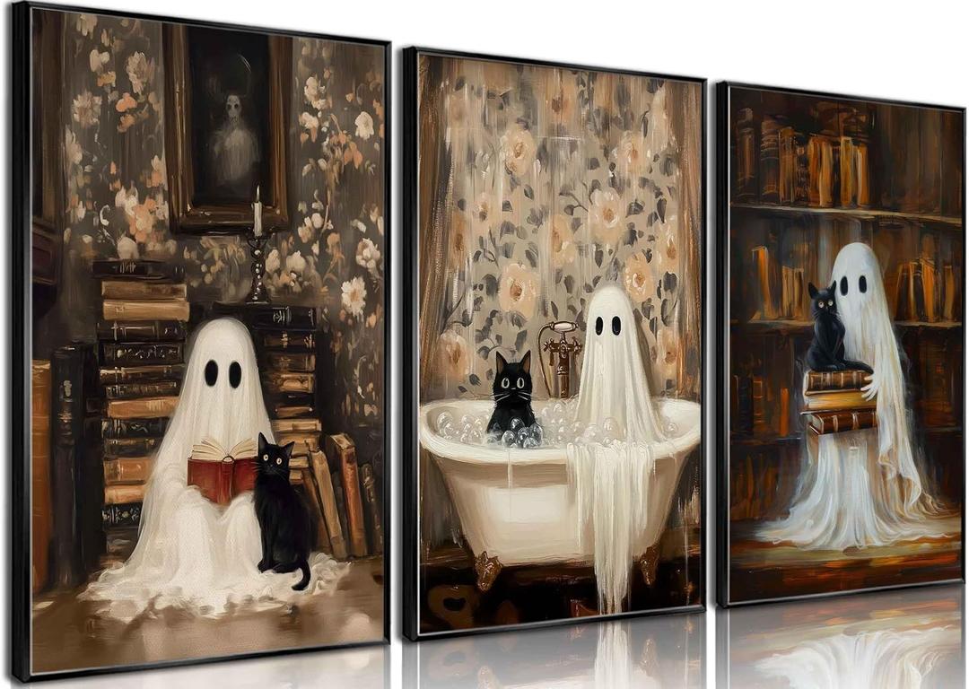 2 x 3Pcs Halloween Ghosts Posters Wall Art Vintage Cute Library Ghost Reading Books Funny Gothic Wall Decor Pictures Retro Horror Creepy Dark Academia Canvas Prints for Bathroom Gallery Home Decor (Halloween Ghosts Posters, 12x16x3pcs)
