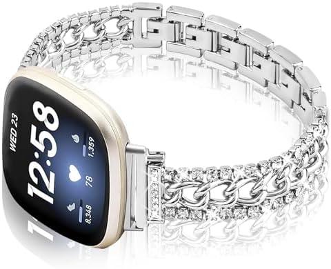 Alociaga Bling Chain Bracelet Watch Band Compatible with Fitbit Versa 4/Versa 3/Fitbit Sense 2/Sense Band Smart Watch, Diamond Rhinestone Metal Strap for Women, Silver