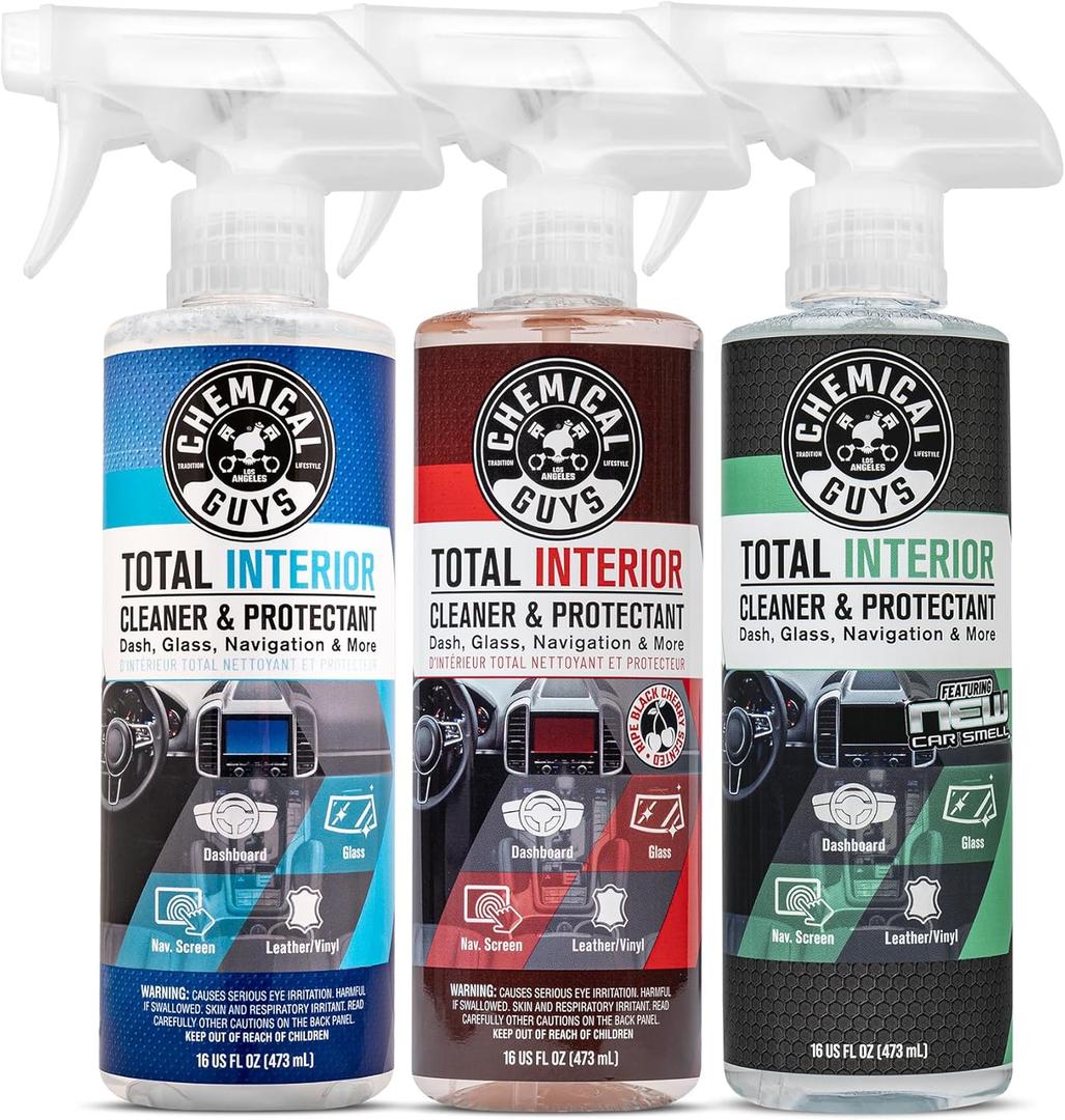 Chemical Guys Total Interior Sprayable Cleaner and Protectant Multi-Scent 3 Pack (Fresh, Black Cherry & New Car), Safe for Cars, Trucks, SUVs, Jeeps, Motorcycles, RVs & More, (3) 16 fl oz Bottles