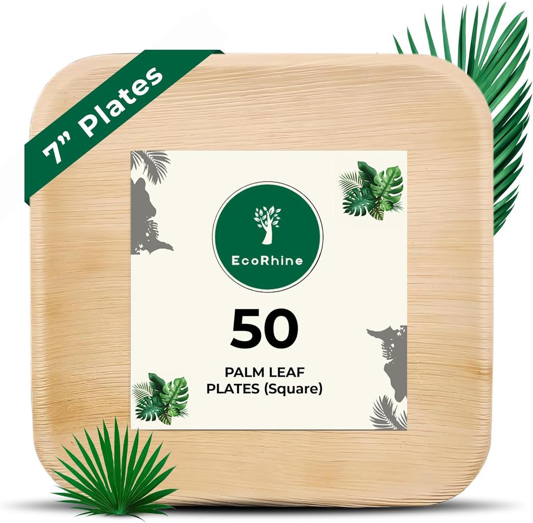 Palm Leaf Disposable Plates - Bamboo Plates Disposable 7 Inch Square (50pc) - 100% Compostable & Biodegradable Plastic-Free Plates - Heavy-Duty, Party Dinnerware Set - Microwave & Oven Safe
