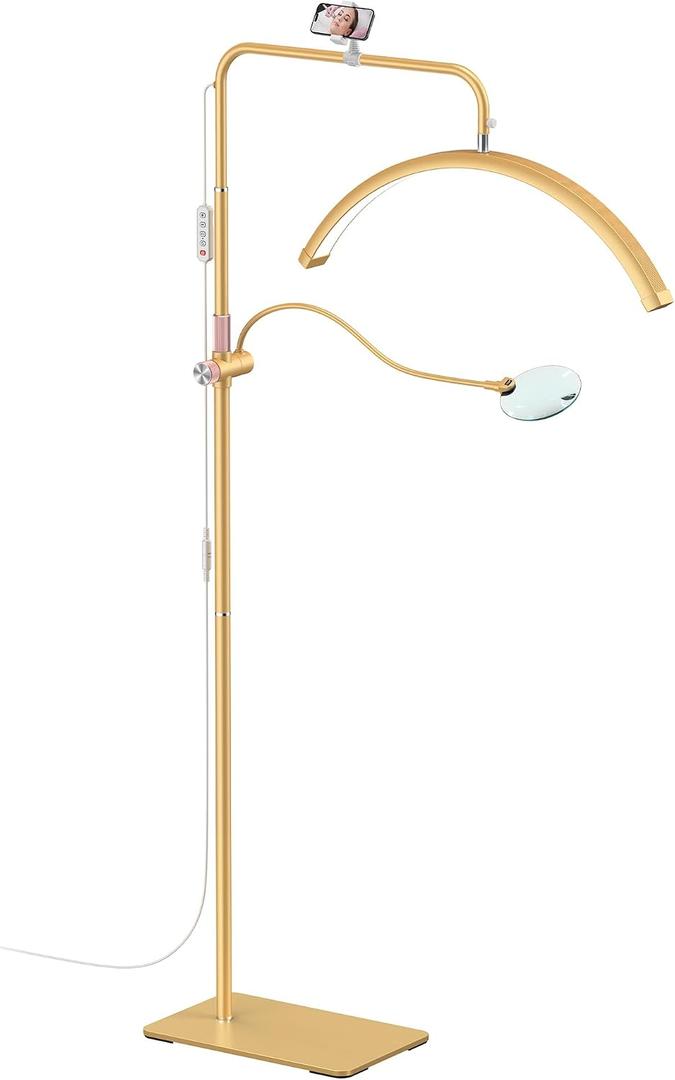 AURELLE Half Moon Lash Light - Adjustable LED Floor Lash Lamp with 4X Magnifier & Phone Holder for Eyelash Extensions,Nail Art,Tattoo,Skincare,Salon SPA-Dimmable Brightness,Rotating Head, Gold