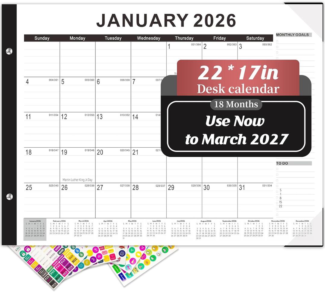 Gannyfer Desk Calendar 2026, Large 2026 Desk Calendar 22" x 17", Use Now to March 2027, 18 Monthly Academic Desktop Calendar 2026 with To-Do List, 2026 Calendar for Office, School, Home(6 Stickers) (Black)