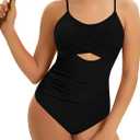 Girl Swimsuit One Piece Bathing Suit Cutout Adjustable Straps Padded High Waisted Girls Swimwear (Black, 15-16 Years)
