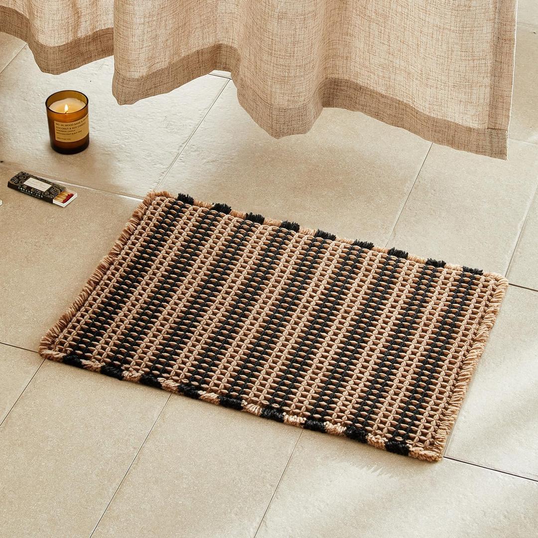 Waffle Bath Mat, Boho Bathroom Rugs Non Slip Washable Super Absorbent Quick Dry Bath Mat Farmhouse Bathroom Decor, 24"x16" Black and Khaki