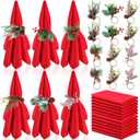 Suclain 24 Pcs Christmas Napkins and Ring Set 12 Red Cloth Napkins and 12 Holder for Fall Winter Holiday Handmade Trees and Pines(Classic)