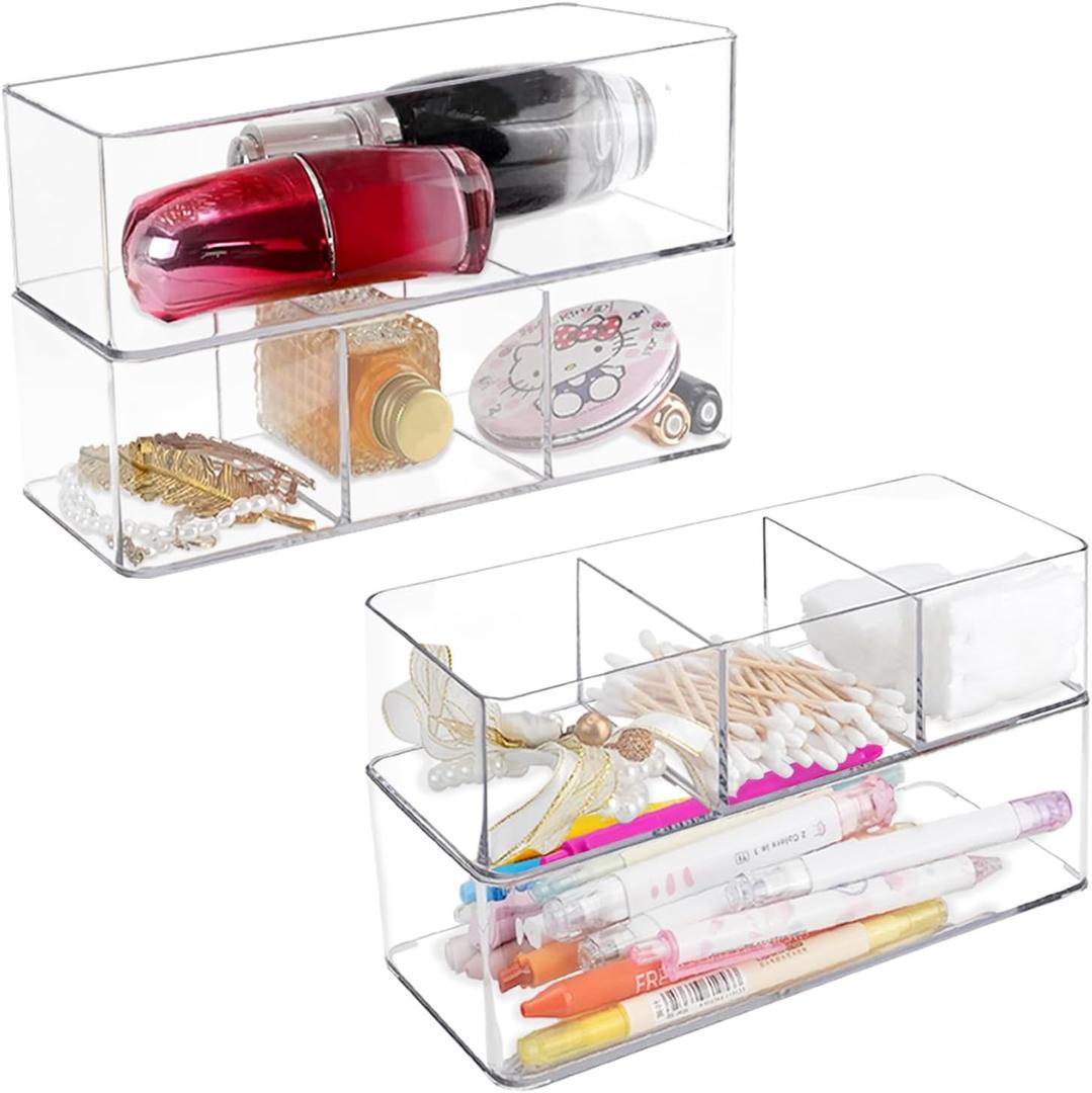 Qtip Holder, 4PCS Acrylic Makeup Organizer Drawer Case, Stackable Cotton Pad Container, Countertop Holder for Cosmetics Storage, Clear Cotton Ball Holder Cosmetic Organizer for Bathroom