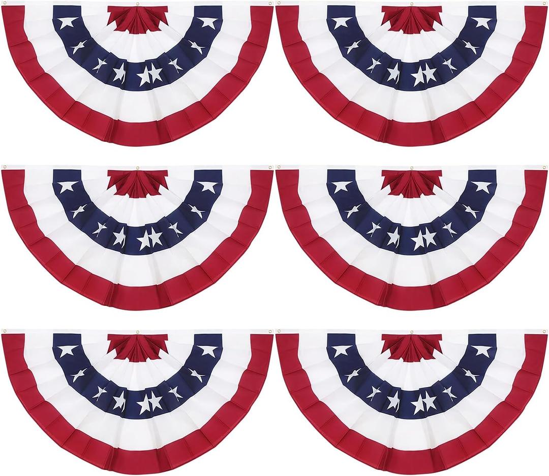 2x4Ft American Flag Bunting Patriotic Decorations,6 Pcs USA Pleated Fan Flag Brass Grommets Quality, Large Size Half Fan Banner Indoor/Outdoor Decorations for 4th of July, Memorial Day and Veterans Da