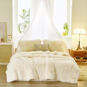 Joyreap 3-Piece Plush Shaggy Comforter Set, Twin Size Luxury Faux Fur Velvet Fluffy Bedding Set for All Season (Cream White, 68x86 inches)