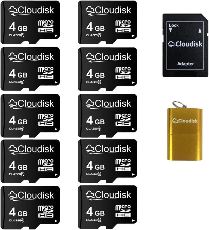 Pack of 10 Micro SD Card 4GB Flash Memory Card C6 Micro SDHC with SD Adapter, Card Reader (4GB)