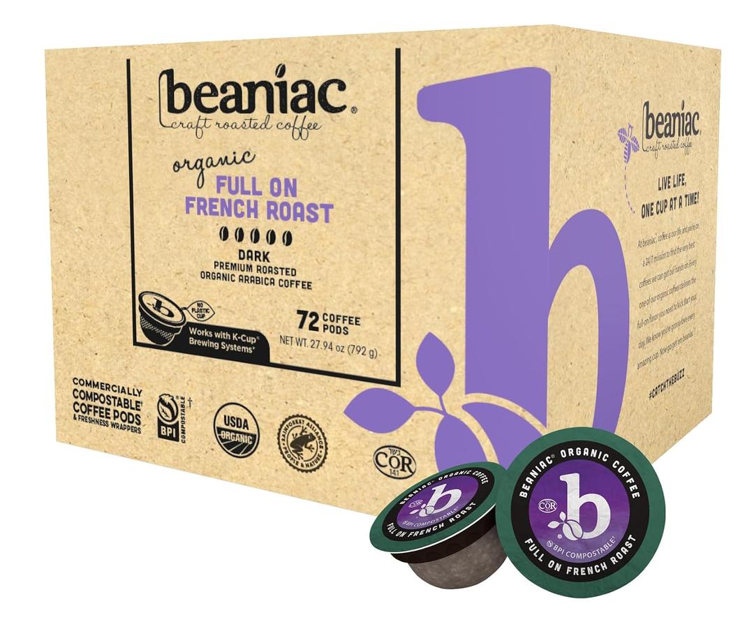 beaniac Organic Full On French Roast, Dark Roast, Single Serve Compostable K Cup Coffee Pods, Organic Arabica Coffee, Keurig Brewer Compatible, 72 Count, Expiry: 02/14/24