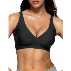 Vertvie Jelly Wireless Bras for Women Push Up Plunge Seamless T-Shirt Bras No Underwire Supportive Full Coverage Bralettes (XX-Large, Black)