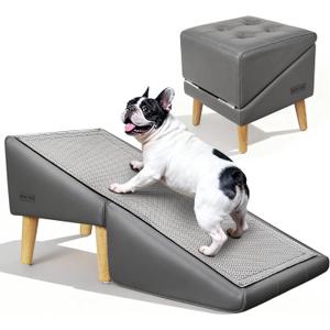 Dog Stairs for Small Dogs and Cats 16" H - with Encrypted Dot-Grip Non-Slip Surface, 2-in-1 Pet Ramp & Steps for Bed/Couch, Foldable Split Ottoman with Solid Wood Frame, Sturdy & Portable for Puppies (Gray)