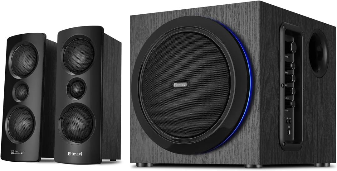 Elimavi Computer Speakers with Subwoofer, 2.1 PC Speakers with Powerful Bass and 120W Peak Power,Bluetooth 5.3, Aux/RCA/Optical/Coaxial,in for Desktop, Monitor, Gaming