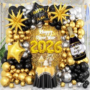 Happy New Year Eve Party Decorations 2026,147pcs Black and Gold Balloon Garland Arch Kit, Large Bottle Foil Balloon 2026 and Star Balloons New Years balloons Home Supplies (Black Gold)