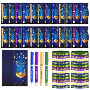 Ctosree 96Pcs/24Set Eid Mubarak Gifts Bulk Ballpoint Pens with Greeting Cards Eid Ballpoint Pens Bookmark Card and Silicone Bracelet Ramadan Islamic Party Favors Goodie Bag Fillers Stuffers