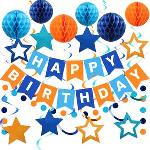 meowtastic Birthday Decorations, Happy Birthday Banner with Honeycomb Balls, Star Hanging Swirl Streamers, Circle Dots Garland, Happy Birthday Party Decorations for Women Girls (Blue & Orange)