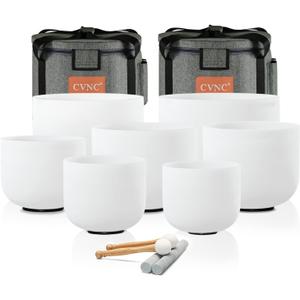 CVNC 432HZ 6-12 Inch Set Of 7 PCS Frosted Chakra Quartz Crystal Singing Bowls for Sound Healing with 2 PCS Travel Carry Case Bag