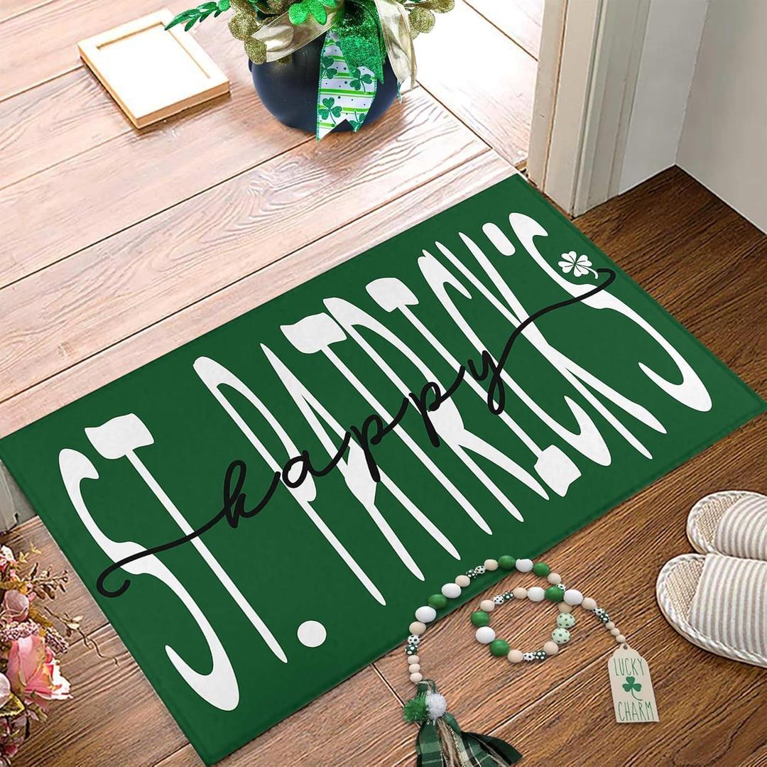 St. Patricks Day Door Mat - Happy St. Patricks & Tiny Shamrock Print Non Slip Low Profile Porch Patio Entrance Front Doormat for Irish Home Decor 17" x 30"