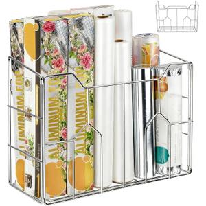 Kitchen Wrap Organizer Rack Wall Mount, Cabinet Door Organizer Storage, Wall Rack Basket Sturdy Steel Wire, Tall Inside Cabinet Holder for Aluminum Foil Plastic Wrap Wax Paper, Easy to Install