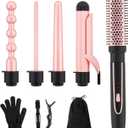 5 in 1 Curling Iron Set with Instant Heat Up, Dual Voltage, 4 Interchangeable Ceramic Curling Wands, Curling Brush, Heat Protective Glove & 2 Clips (Curling Iron 0.3-1.5")