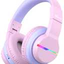 iClever BTH12 Kids Bluetooth Headphones,Colorful LED Lights,74/85dBA Safe Volume,85H Playtime,Bluetooth 5.2,Over Ear Headphones Built-in Mic for iPad/Tablet/Airplane,Blossom Pink