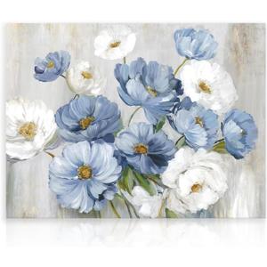 Dazzlewall Blue White Floral Wall Art, Modern Flower Canvas Wall Decor Painting for Living Room Bathroom Bedroom 12x16 in Unframed