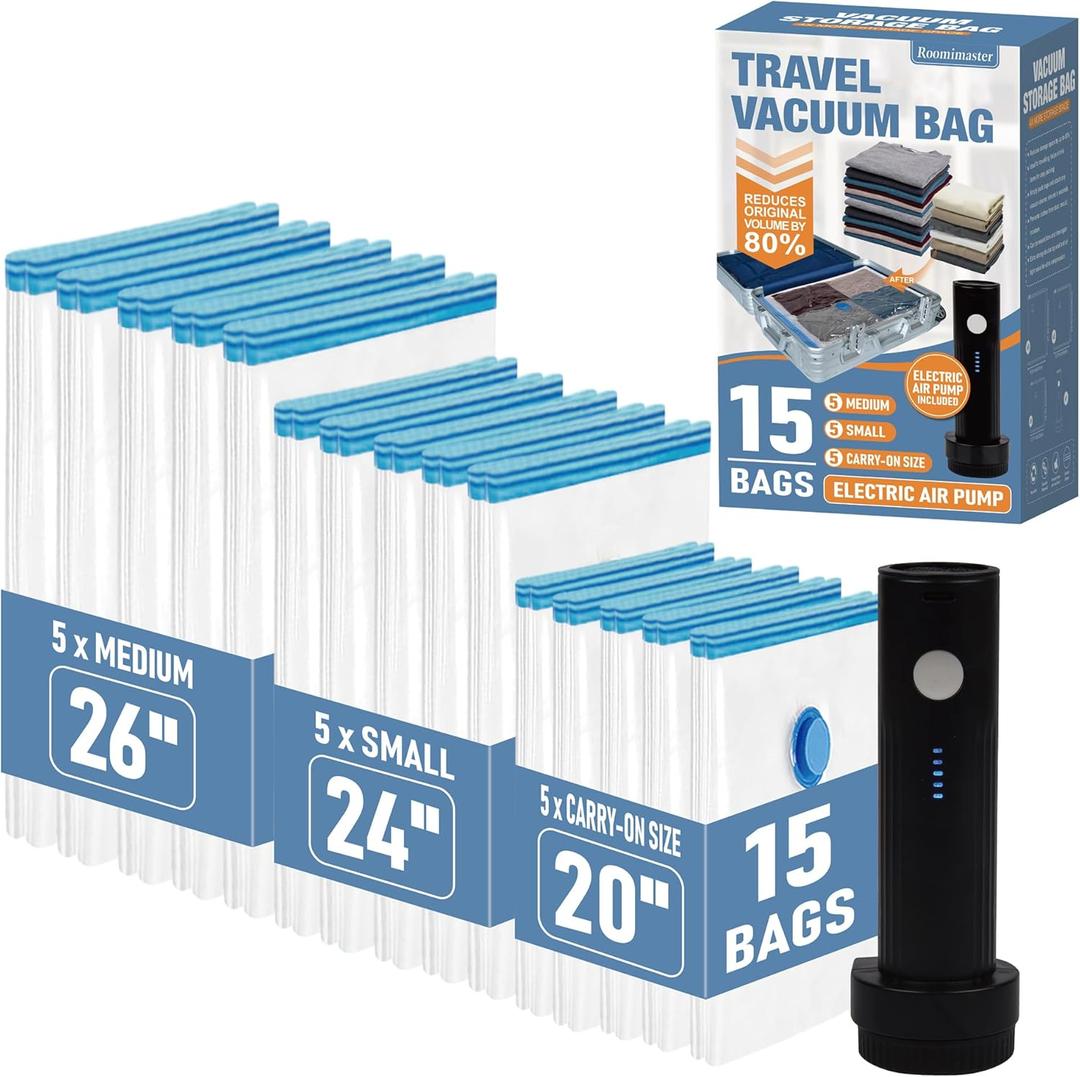 Travel Vacuum Storage Bags with Rechargeable USB Air Pump, Space Saver Vacuum Seal Bags for Luggage, Sealer Compression for Clothes, Comforters, Blankets, Bedding, 15 Combo