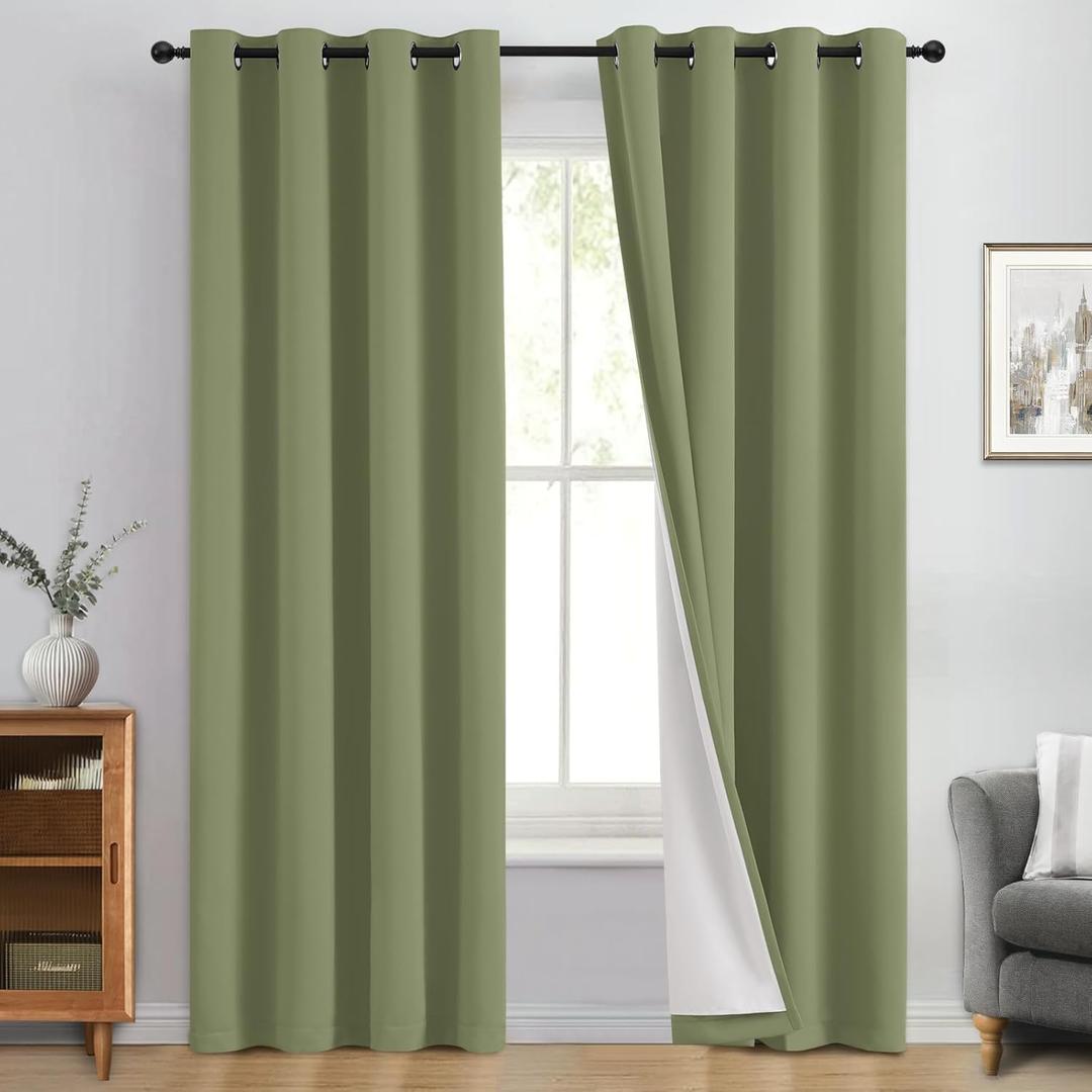 Yakamok 100% Blackout Curtain Panels 96 inches Cold and Light Blocking Drapes for Nursery, 2 Thick Layers Thermal Insulated Draperies (2 Pieces, 50 Wide Each Panel, Sage Front with White Backing)