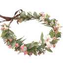 Pink Flower Crown Headband - Handmade Fairy Floral Headbands Green Leaf Flower Headpiece for Women Girls Bridal Renaissance Hair Accessories Birthday Vacation Festival Party Headwear