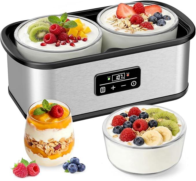 Yogurt Maker with Two Containers, Yogurt Maker Machine with Adjustable Temperature & Time Control, Automatic Shut-Off & Constant Temper for Homemade Probiotic Yogurt, Promoting Gut Health