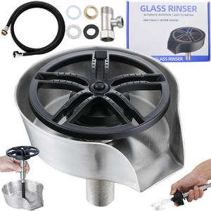Glass Rinser and Cup Washer for Sink, 360 Rotating Spray Nozzle with Pull-Out Design, Bottle Cleaner - Tilted Base Prevents Splashing, Kitchen Sink Accessories for Home & Bar (Easy Install-Silver)