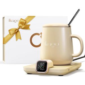 Coffee Mug Warmer & iKago Mug Set, Temperature Control Smart Heated Mug for Desk, Electric Coffee Warmer with Auto Shut Off & Real-Time Temp Display, Gifts for Men Women, 15oz Ceramic Mug