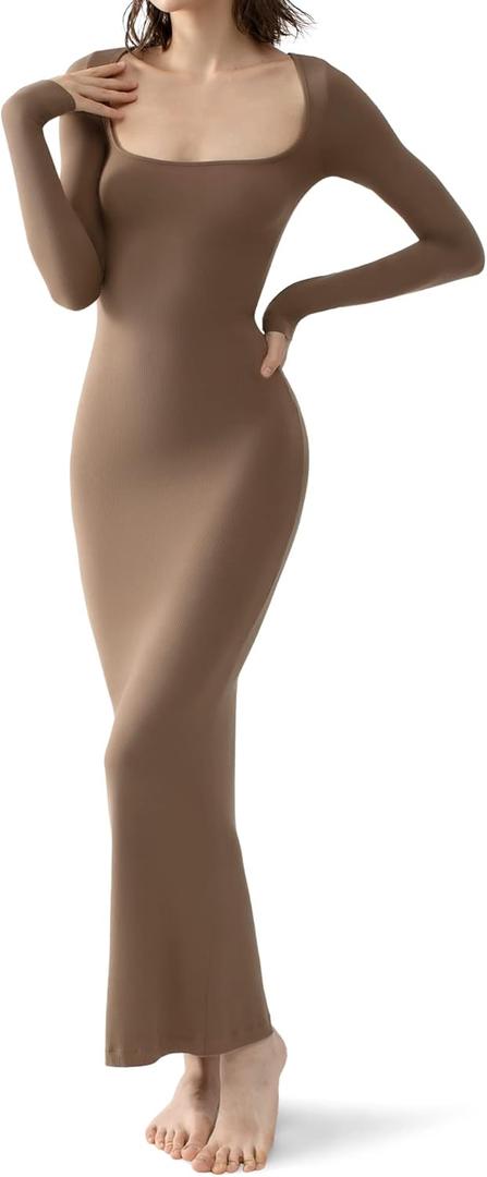 PUMIEY Women's Square Neck Long Sleeve Maxi Dress Ribbed Bodycon Dresses for Women Soft Lounge Dress (Medium, Hazelnut)