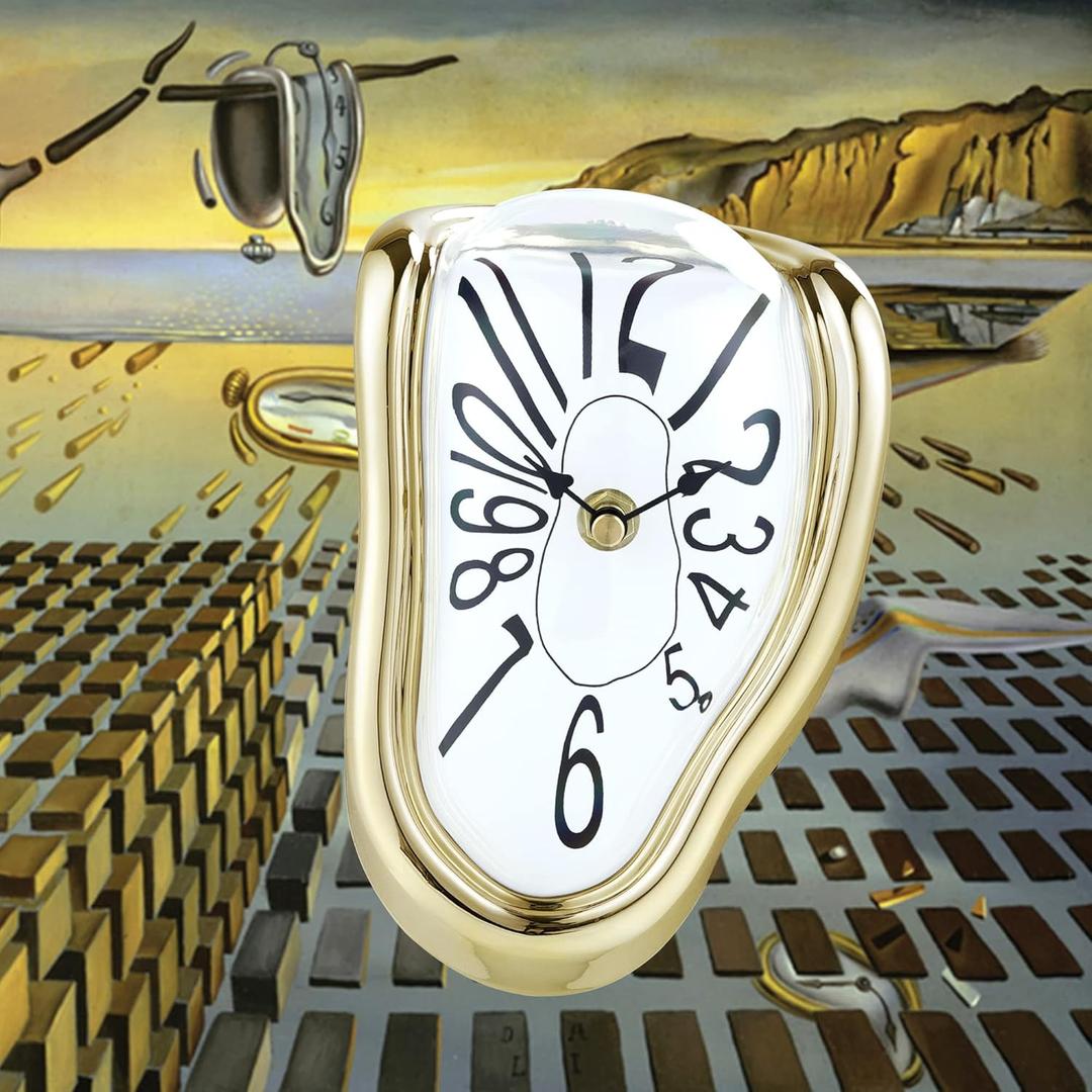 Lafocuse Gold Melting Clock for Shelf, Salvador Dali Clock Silent Non-Ticking Battery Operated Office Home Dcor