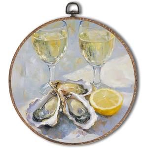 Yorhifa Oyster Champagne Lemon Framed Wall Art, Aesthetic Kitchen Round Wall Art, Coastal Round Walls Decor, Funky Coastal Aesthetic Kitchen Dining Room Circle Canvas Artwork Hanging Decor, 10x10in (color_3)