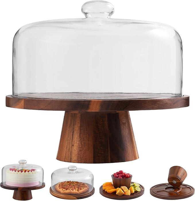 ChilkukUie Acacia Wood Cake Stand with Glass Lid – 12" Magnetic Base, Detachable Serving Tray for Cake, Cheese, Charcuterie, Snacks & Desserts – Wooden Cake Holder for Parties & Kitchen Display