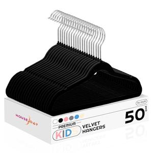 HOUSE DAY 14 Inch Kids Velvet Hangers 50 Pack, Durable Big Kid Hangers for Youth, Teen, Non Slip Kids Felt Hanger, Cute Childrens Hanger for Closet, Black